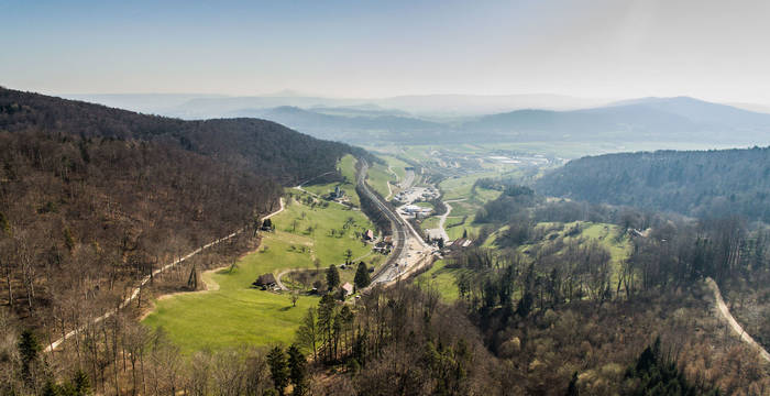 Die Bözenegg links des Bahndammes aus der Vogelperspektive