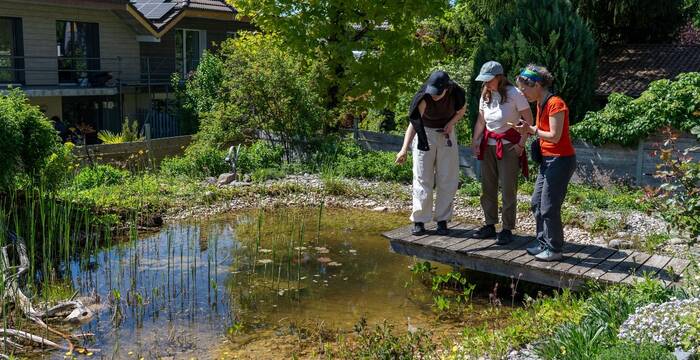Drei Personen schauen sich einen naturnahen Garten an