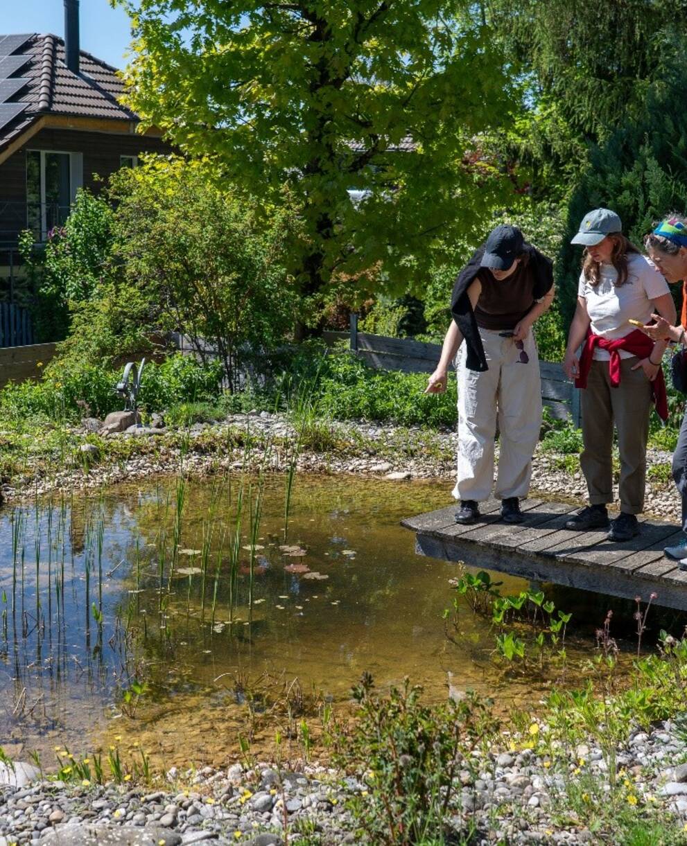 Drei Personen schauen sich einen naturnahen Garten an
